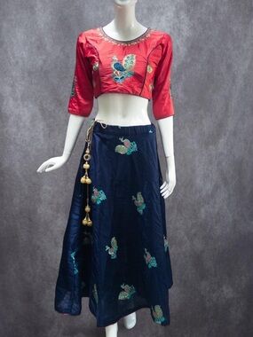 Handmade Silk Peacock Embroidered Lehenga Choli Set Cardinal Red Navy Blue, Sz S